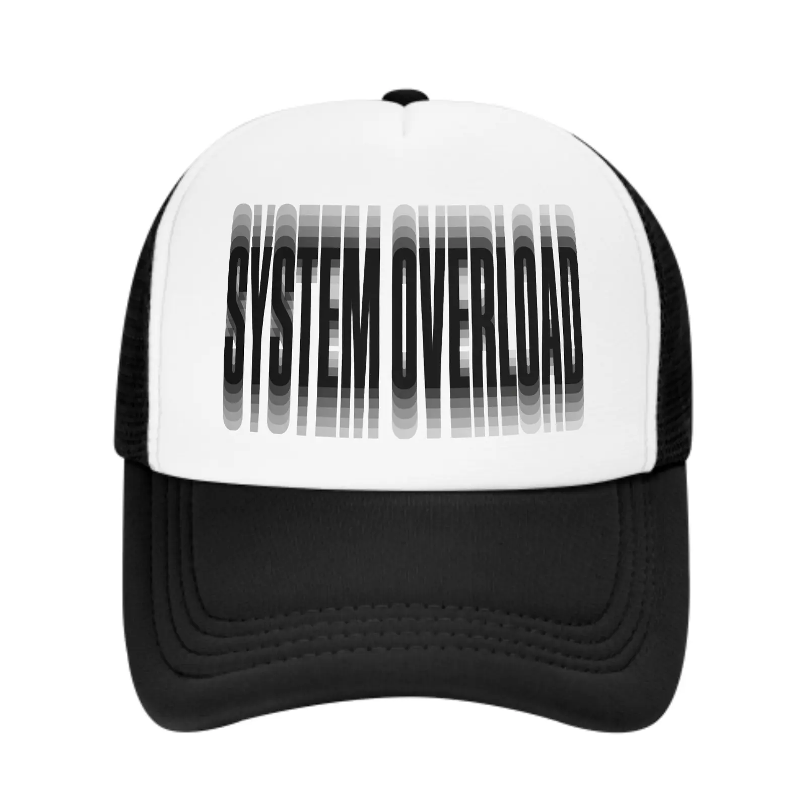 SYSTEM OVERLOAD Contrast Mesh Trucker Hat, Breathable Adjustable Snapback Baseball Cap with Glitch Print, Curved Brim Streetwear Hat for Men Women