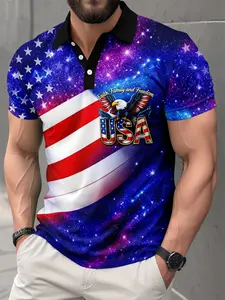 Men's Patriotic USA Eagle Polo Shirt, Galaxy Starry Sky & American Flag Print, Short Sleeve, Button Placket, "Faith Family and Freedom" Design, Casual Slim Fit for Festive 4th of July & Summer, Top