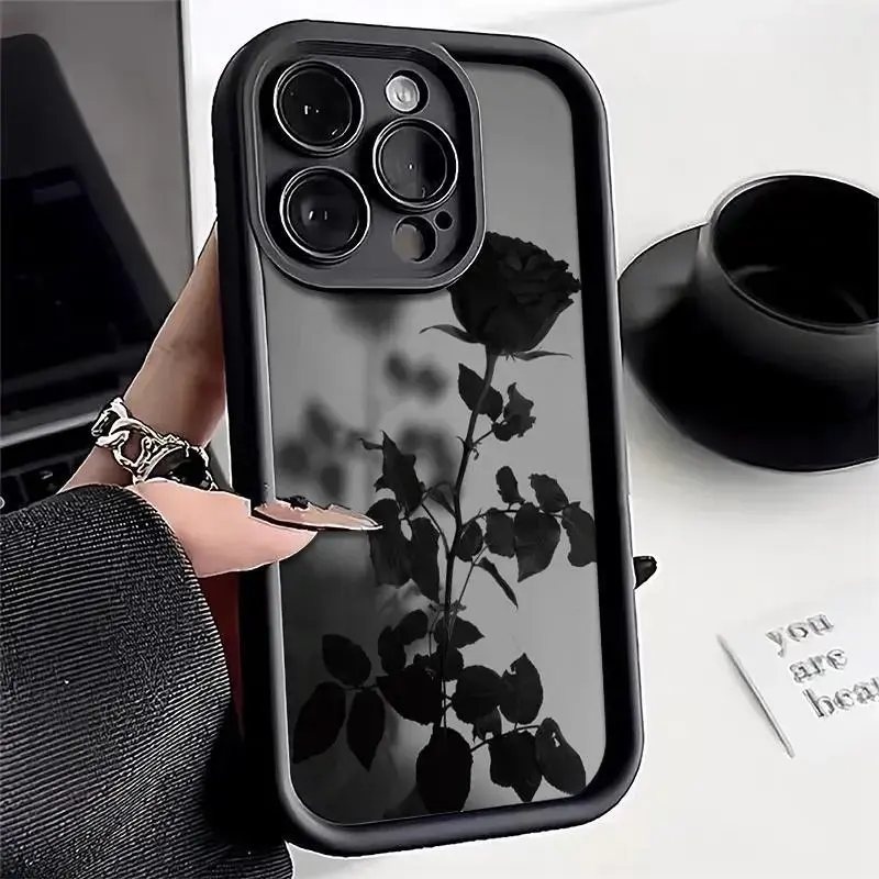 Luxury Art Deco Minimalist Dark-Themed Black Rose iPhone Case - Shockproof Silicone TPU Bumper, Anti-Drop Full Wrap Soft Cover for iPhone 11/12/13/14/15/16/17 Pro, ProMax, Air, Plus | Mobile Phone Accessory