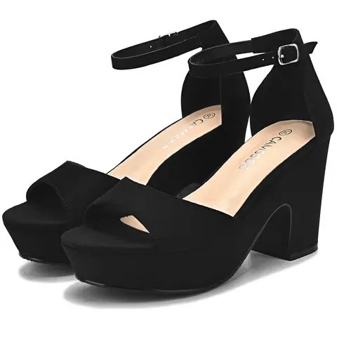 Women's Velvet Open-Toe Ankle-Strap Buckle 4-in Thick-Heel Slip-Resistant Rubber Sandals, Fashion Footwear for Special Occasions, Shoes for Women