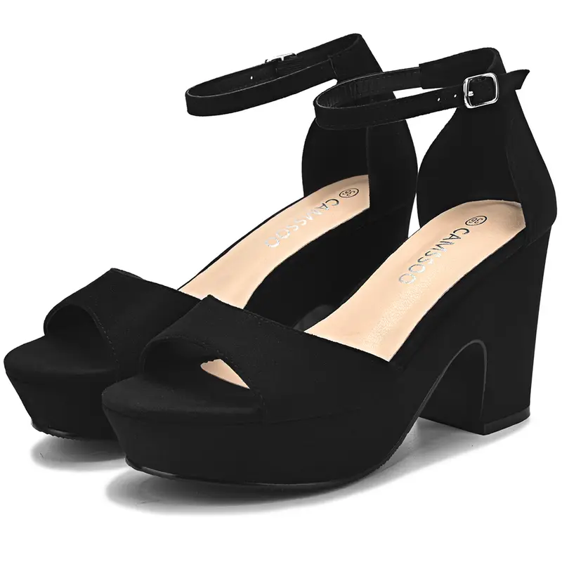 Women's Velvet Open-Toe Ankle-Strap Buckle 4-in Thick-Heel Slip-Resistant Rubber Sandals, Fashion Footwear for Special Occasions, Shoes for Women