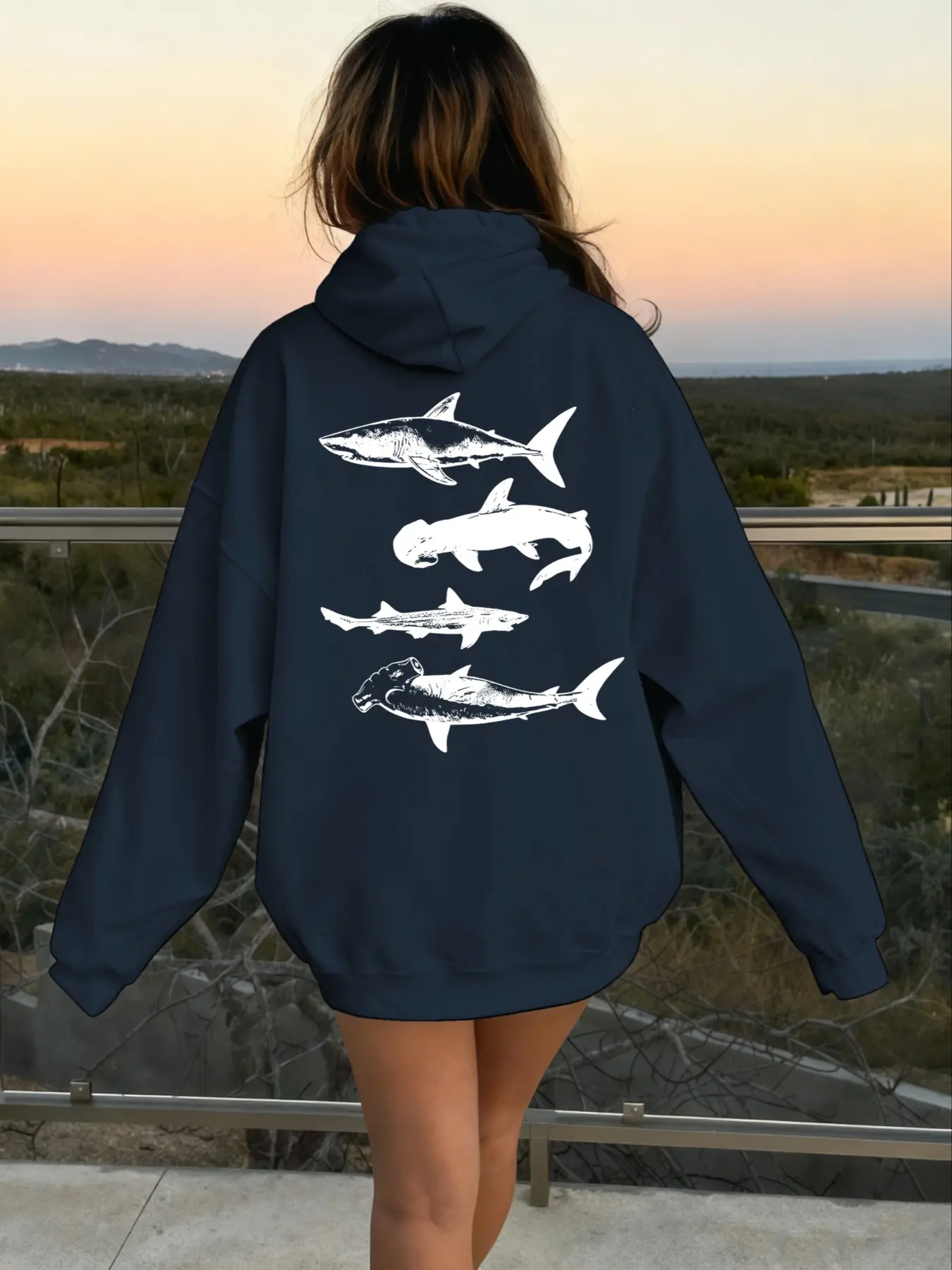 Vintage Dual-Horn Shark Graphic Drawstring Animal Hoodie, Casual Print Hoodie, Oceanic Clothing Gift for Shark Lovers, Casual Loose-Fitting Natural Top, Fall & Winter Style, Drawstring Hooded Top