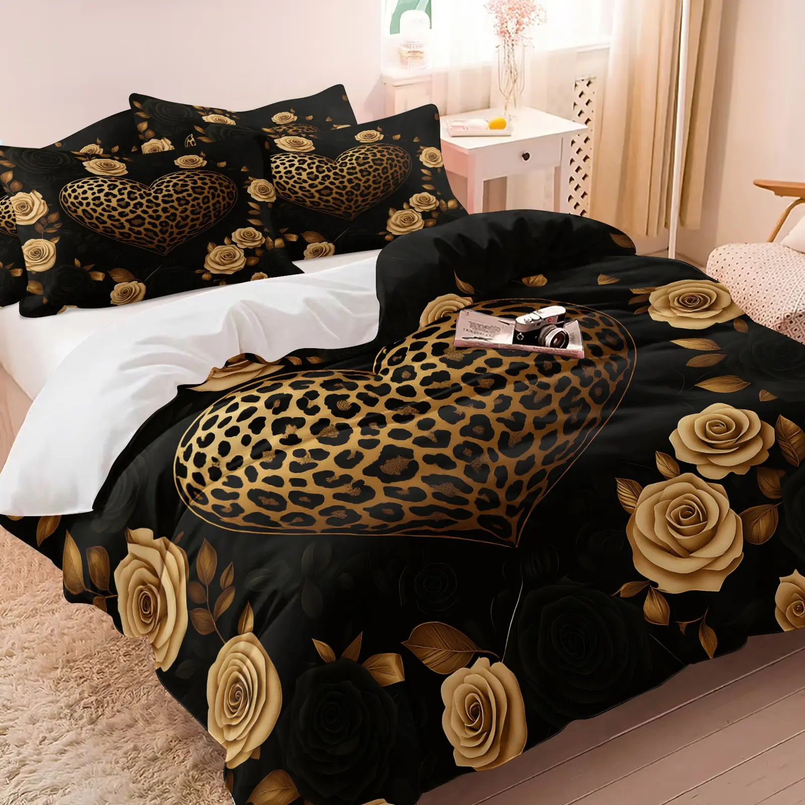 Valentine's Day Luxury Leopard Print Duvet Cover Set, Romantic Wild Design, Soft Comfortable Fabric, Bedroom Decor, Couples Essential