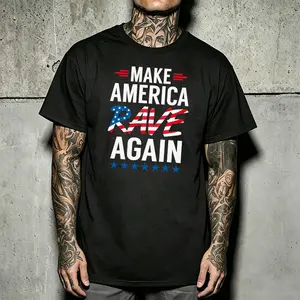 Men’s summer 100% cotton loose streetwear T-shirt, “Make America Rave Again” American flag star graphic crew neck tee, patriotic EDM festival casual short-sleeve top for rave parties and everyday wear