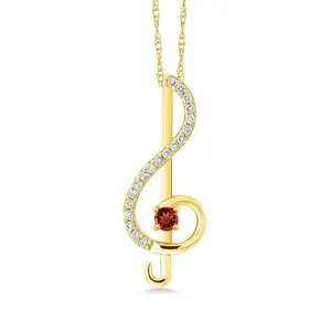 Gem Stone King Keren Hanan Inspired by Music 10K Yellow Gold Lab Grown Diamond Treble Clef Pendant Necklace for Women Set with Round Red Garnet (0.30 Cttw, with 18 Inch Chain)