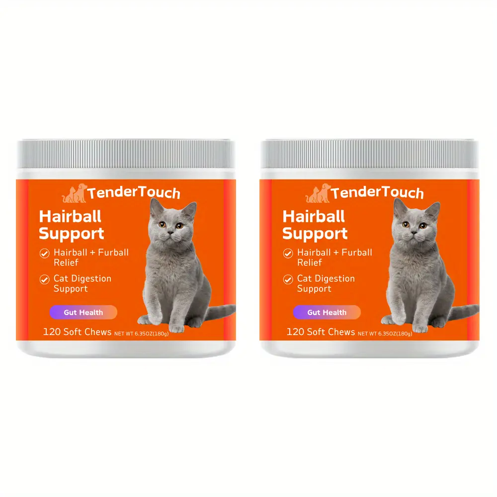 240 Chews - 2 Pack(2 x 180g/6.35oz) 360g/12.7oz - TenderTouch Cat Hairball Support Chews - Hairball Supoort Cat Treats, Supports Skin & Coat, Digestion, Cat Furball Support, Cat Vitamins & D-Biotin Supplements & Hairball , Supports Gut & Skin Health