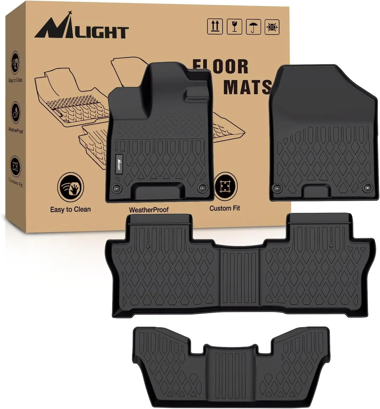 Nilight TPE Floor Mats - Custom Fit for Honda Pilot 7-Passenger (2016-2022), All-Weather Heavy-Duty Floor Liners, Car Interior Accessory, Car Mat Set, Car Accessories