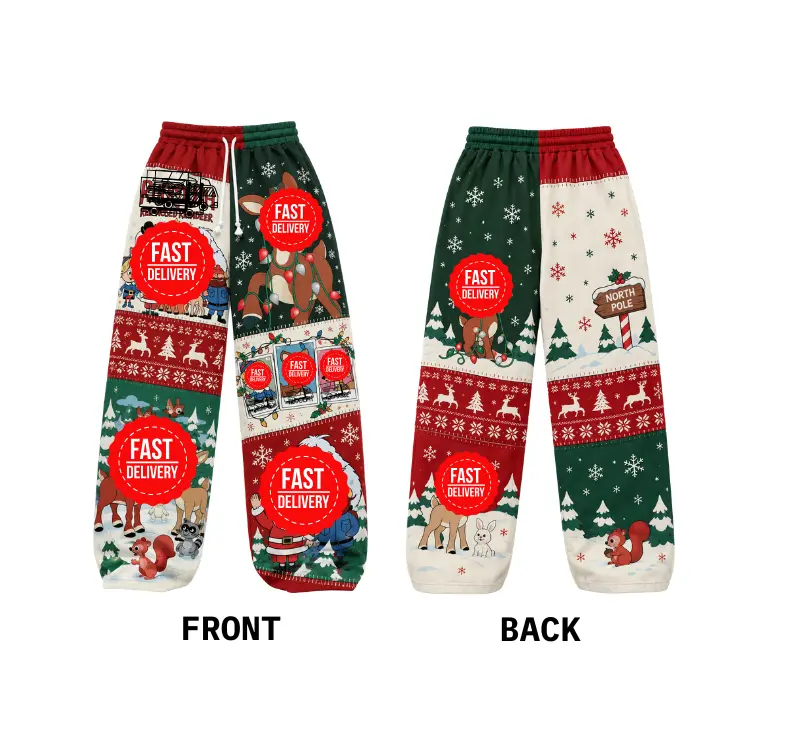 Christmas Reindeer Cartoon Graphic Loose Sweatpants, Festive Holiday Print Wide Leg Pants, Cozy Winter Casual Lounge Trousers