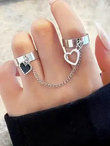Punk Style Double Finger Conjoined Ring, Open Adjustable Male and Female Peach Heart Combination Ring, Unisex Fashion Accessory