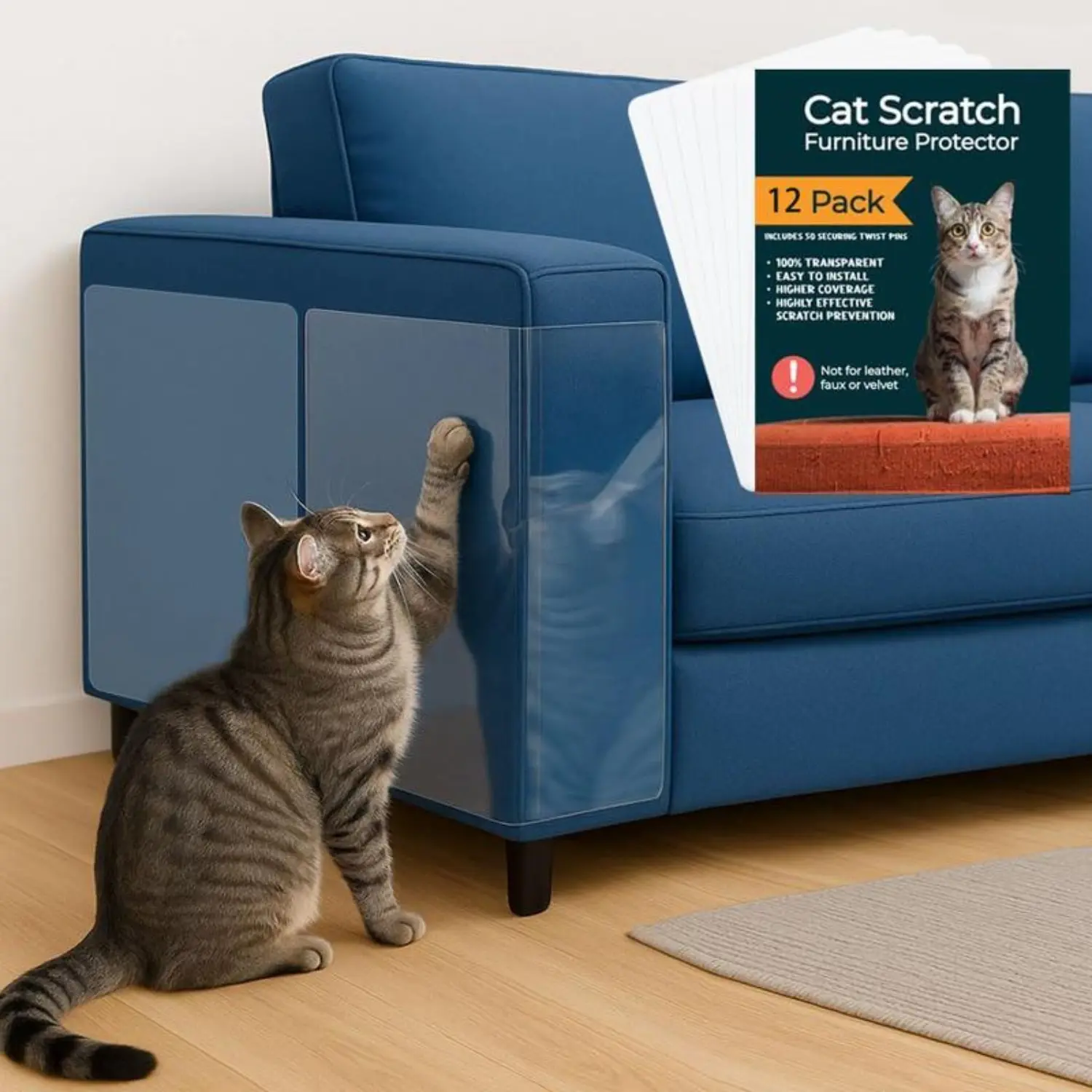 12 Pcs Anti-Cat Scratch Furniture Protector Set, Easy Install Scratching Deterrent & Shield for Sofas, Walls, Doors, Includes 50 Twist Pins