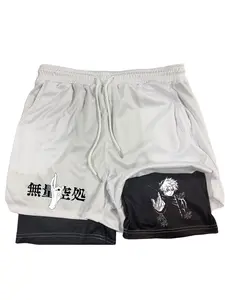 Men's Summer 2-In-1 Anime Jujutsu Kaisen Pattern Fitness Shorts, Quick-Dry Sports Training Shorts, Casual Street Running Shorts with Pockets