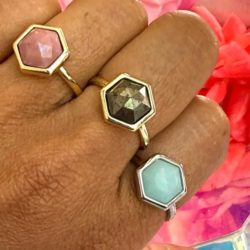 Self love Rhodonite, Aquamarine, Pyrite Gemstone Rings adjustable size