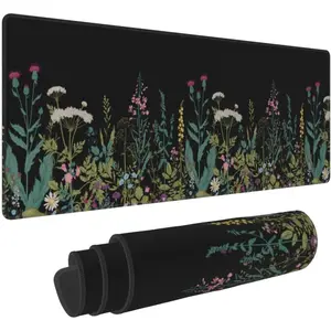 Weeds Flowers Large Gaming Mouse Pad Desk Mat, Cute Funny Gifts Big Keyboard Pad with Stitched Edges for Laptop, XL Long Extended Full Non-Slip Base Mousepad for Women Office Decor Black 31.5*11.8 In