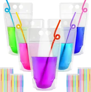 44 Drink Pouches with Straws Individually-Wrapped - 17oz Juice Drink Pouches Adults Alcohol Clear Plastic Halloween Blood Bag Reusable Cocktail Liquor Liquid Smoothie Party Hot Weather Cooling Disposable Lightweight