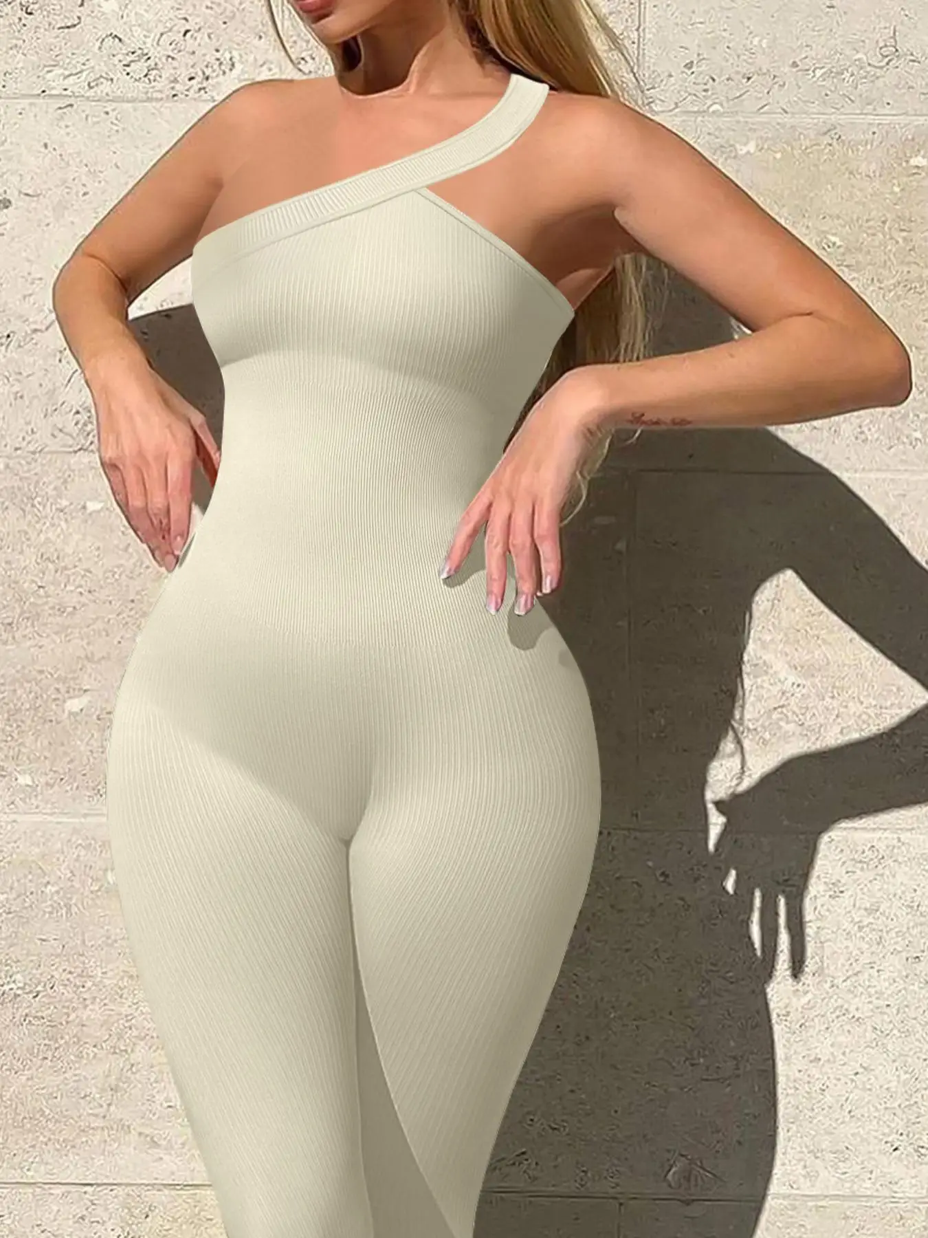 Women's Plain Asymmetrical One Shoulder Sports Jumpsuit, Sporty Sleeveless Skinny Jumpsuit, Ladies Summer Sportswear for Gym Yoga Fitness, Tummy Contr
