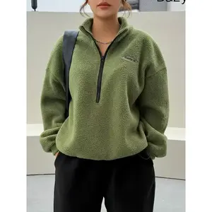 Women's letter patch half zipper blurred sportswear, autumn and winter casual long sleeved off shoulder pullover, daily wear women's clothingRAIMENTRY