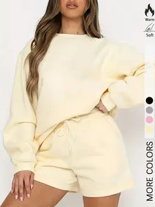 Women's Two-Piece Set Fitted Plain Long Sleeve Hoodie Top & Shorts, Casual Campus Style, Back-To-School Essential, Versatile Basic Wear, Set for Daily Wear, Back to School Outfit, Clothes