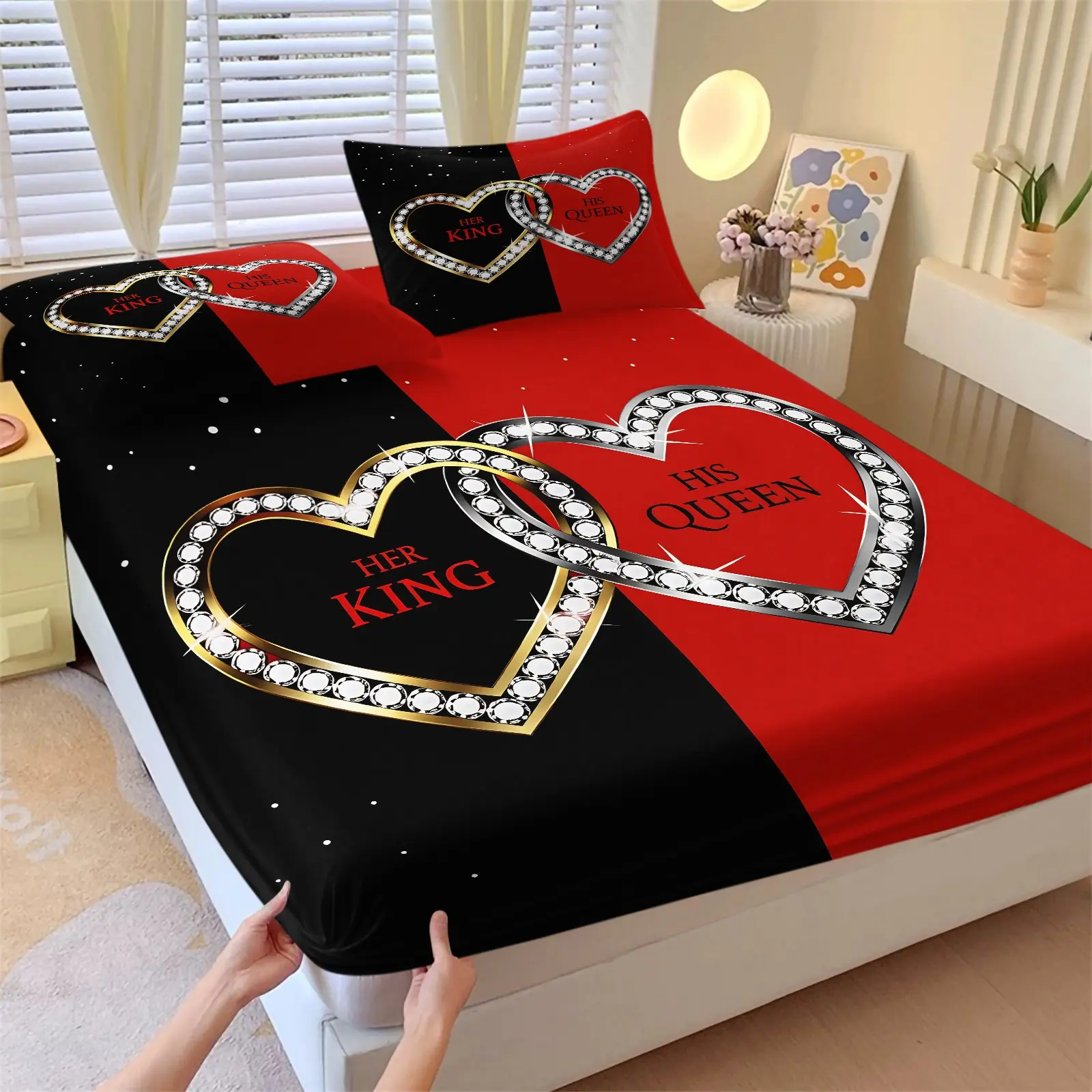 Romantic King & Queen Couple Fitted Sheet Set, Include One Bedspread and Two Pillowcases, Red & Black Couple Heart Print Mattress Cover, Valentine's Day Themed Diamond Heart Pattern Bed Sheet, Bedsheets, Print Bedding