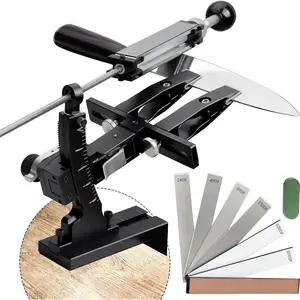 Sharpening System, Precision Adjust  Sharpener 9-25?, CNC Aluminium, Dual -Clip  Sharpening Kit W/ 360? Flip, 2-Sided Stone Clamp, 6 Stones Kit for Chef Kitchen