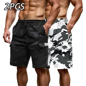Men’s camouflage cargo shorts two-pack, military-inspired streetwear style, drawstring elastic waistband, 3D patch appliqué cargo pockets, quick-dry abrasion-resistant fabric, suitable for young men—fitness, running, outdoor camping, everyday commuting