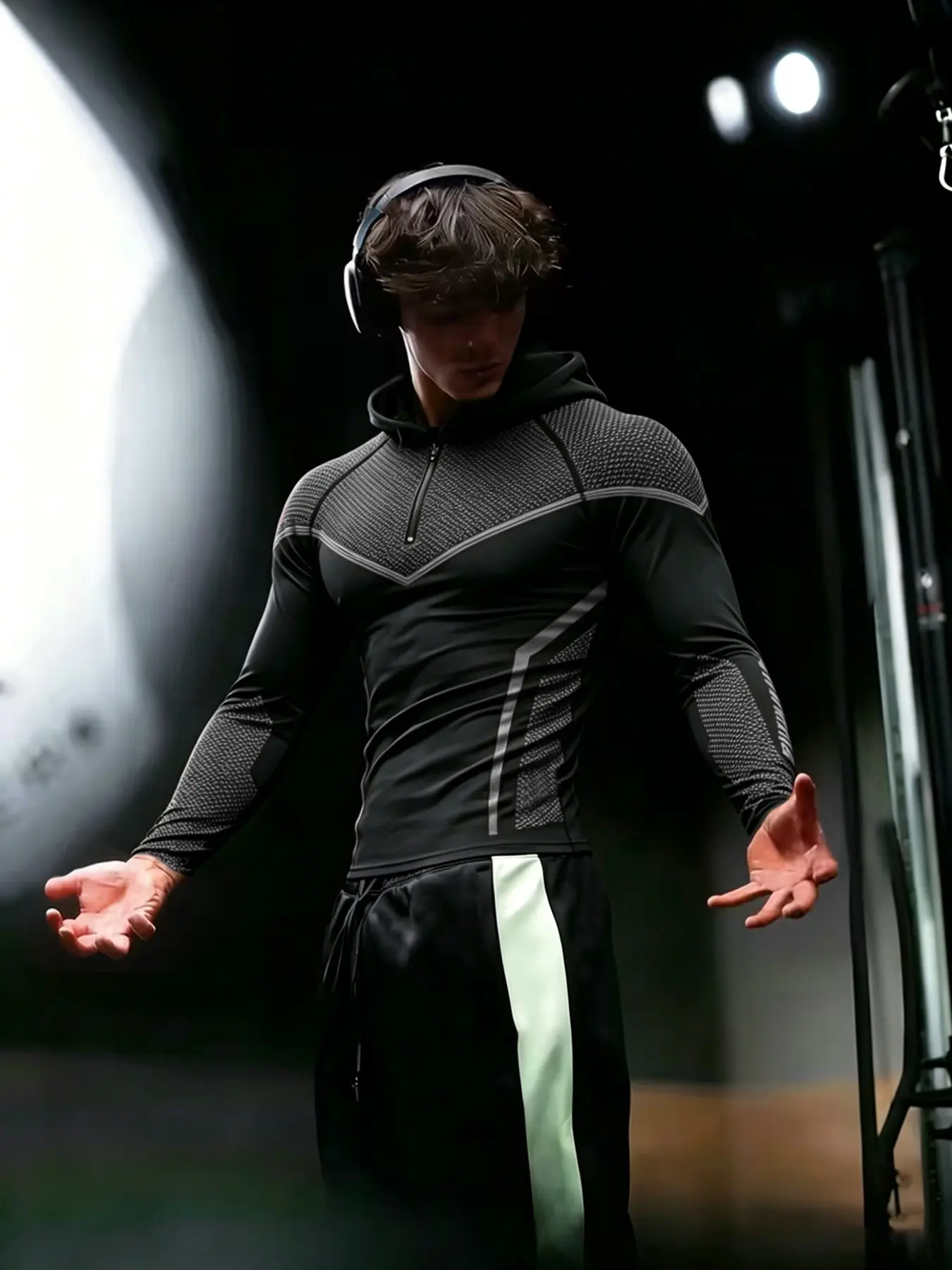 Men's Half-Zip Hooded Compression Fitness Long Sleeve, High Elastic Moisture-Wicking Mesh, Slim Fit, Ideal for Strength Training, Running, Gym, Compression Activewear