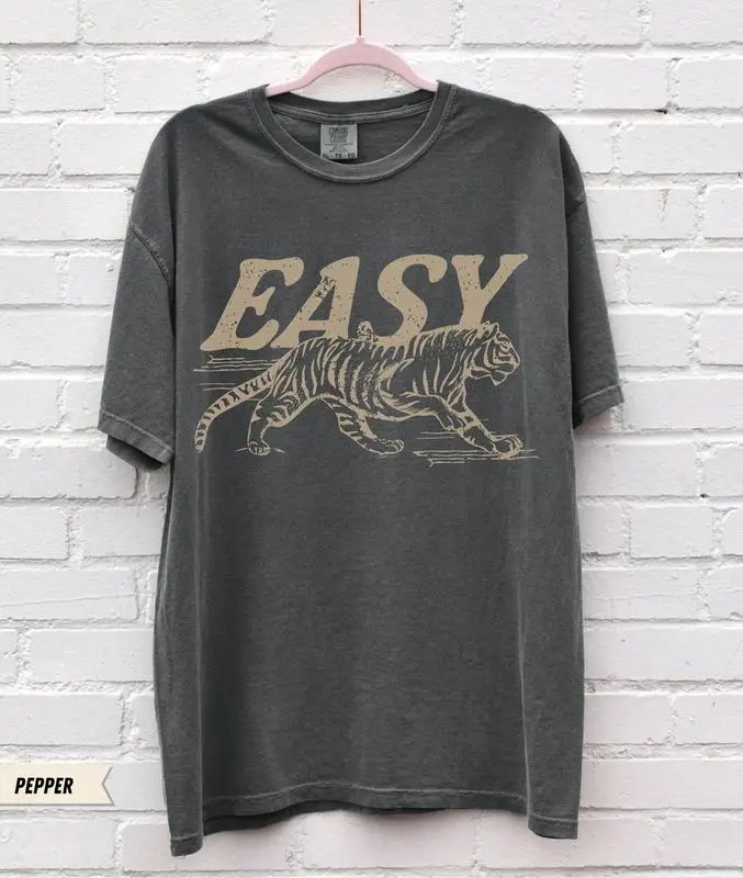 Comfort Colors Easy Tiger T-shirt - Casual Crew Neck, Long Sleeve, Graphic Design, Available in Multiple Colors, Suitable for Men & Women - Top