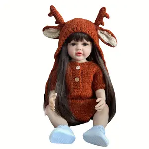 GUESSBELLY 55 CM 22 Inch Lifelike Reborn Baby Girl Full Vinyl Body Doll Toy Brown Long Hair Realistic Princess Toddler Baby