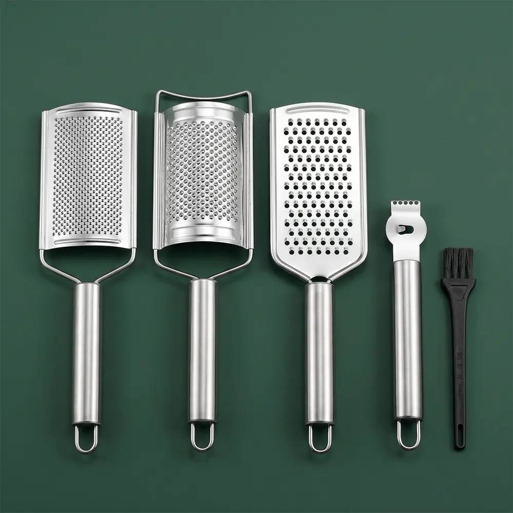 Pack of 5 Stainless Steel Cheese Grater Set, Including Kitchen Grater & Peeler & Slicer, Lemon Zester with Cleaning Brush for Vegetable, Fruit, Chocolate