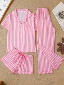Women's Fashionable Fitted Striped 3-Piece Pajama Set Pjs, Classic Cardigan with Bow Tie Shorts & Long Pants, Cozy Sleepwear Loungewear for Home