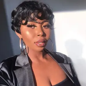 ShowReal Four Inch Short Pixie Cut Wavy Curly Wave Black Wig Brizalian Virgin Human Hair Cute Style Wigs For Black Women