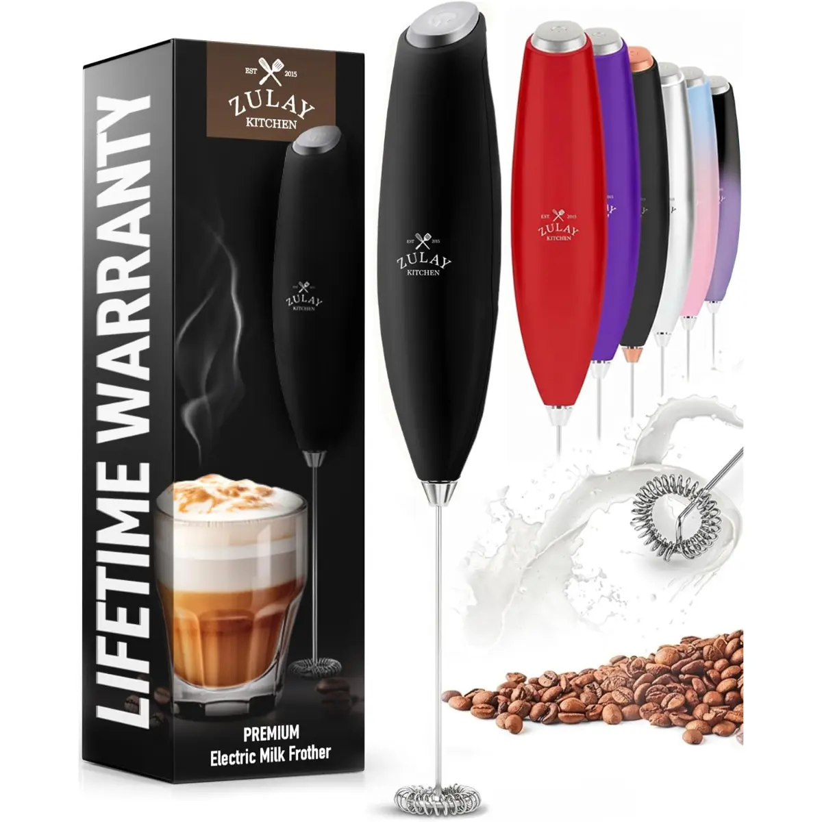 Zulay Kitchen Milk Frother Handheld Electric Whisk – Frother Wand with 2 Duracell Batteries, Durable Drink Mixer, Coffee Frother, Hand Blender, Frother for Protein Powder, Matcha & More - Black