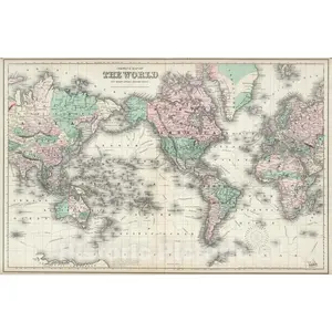World on Mercator's Projection - Route Map, 1874 - Historical Map Print