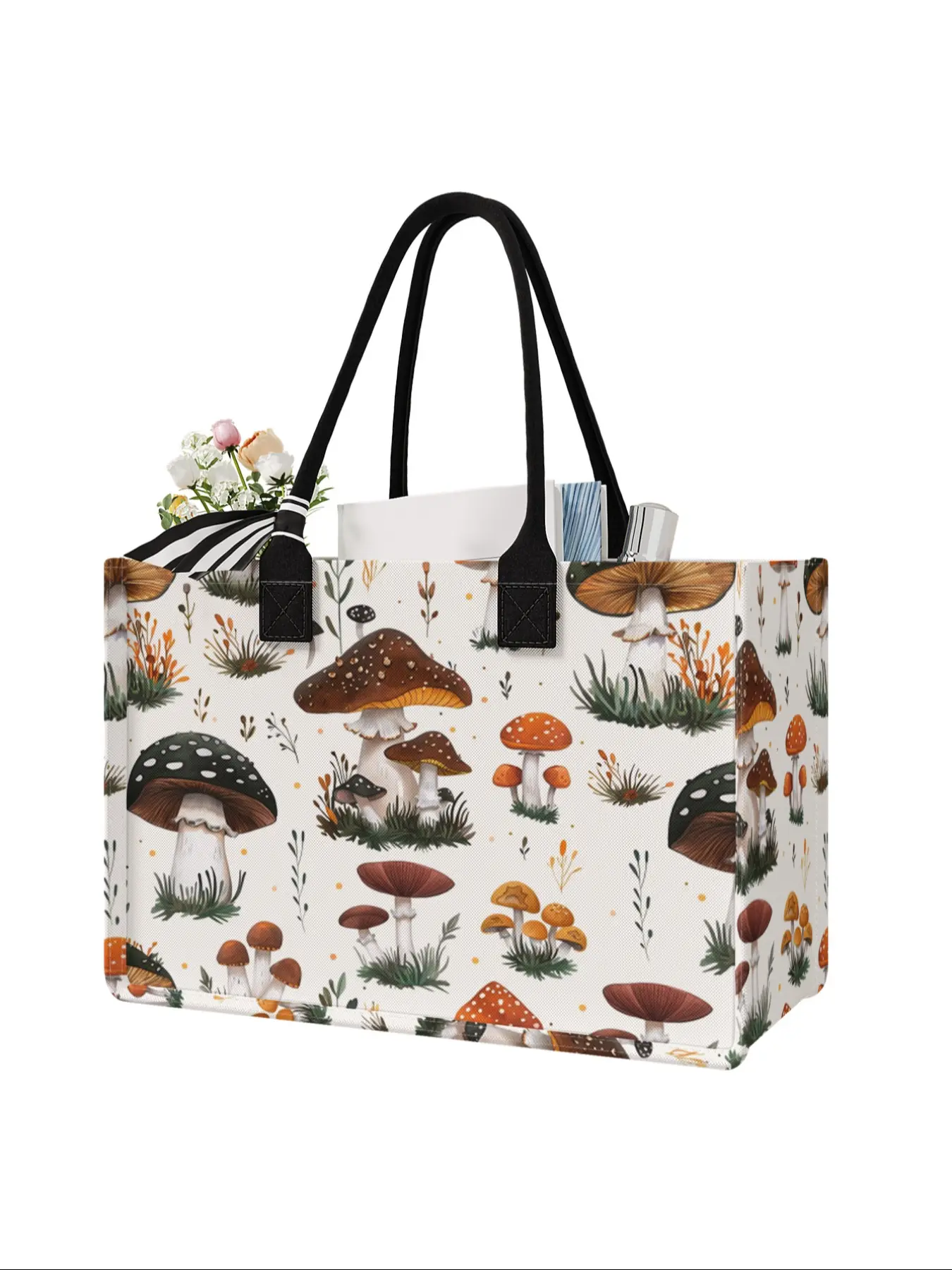 Mushroom Print Large Capacity Storage Bag, Durable Handles, Space-Saving Multi-Purpose Organizer for School Travel Shopping, Travel Essentials, Fashionable Shopping Bag, Patterned Bag