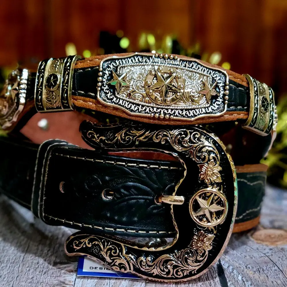 Men's Genuine Leather Sheriff Star Belt - Texas-Style Rodeo, Men's Accessories, Casual Daily Everyday Wear, Gold & Black, Medium Size