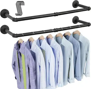 Industrial Pipe Clothes Rack Wall Mounted Set of 2, 38.4 inches Heavy Duty Iron Pipe Clothing Garment Rail, Multi-Purpose Clothing Hanging Rod for Laundry Room and Closet Storage
