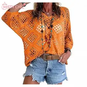 MISTY CHIC Women's Bohemian-Inspired Beige Crochet Top with V-Neck#Springtok#summervibes Casual Chic Womenswear Lightweight costco finds this week tops women's clothes flash sale summer tops, hollow bat-sleeve women's knitted sweater cardigan