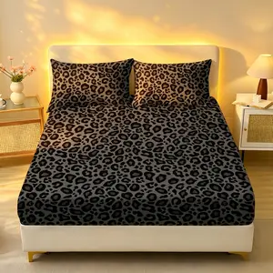 Black & gray leopard print bed skirt 3-piece set: deep pocket non-slip mattress protector cover, pillowcase, microfiber skin-friendly bedding; suitable for all seasons; stylish bedroom look