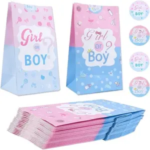 24PCS Gender Reveal Paper Bags Luxury Candy Bag with Stickers for Baby Shower Party Supplies Decoration Favors