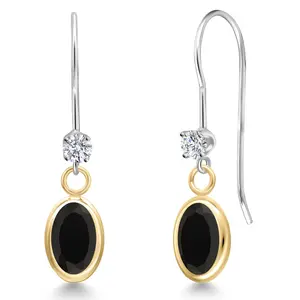 14K Two Tone Gold Black Onyx and Lab Grown Diamond Dangle Earrings for Women | 1.53 Cttw | Gemstone December Birthstone | Oval 7X5MM