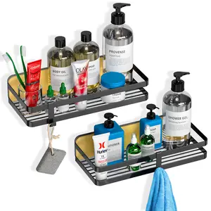 Royal Craft Wood Shower Caddy Bathroom Shelf, Bathroom Storage Organizer, Shower Shelf with 2 Hooks, Easy Adhesive Installation for Home & Bathroom Use (2 Pack-Black)