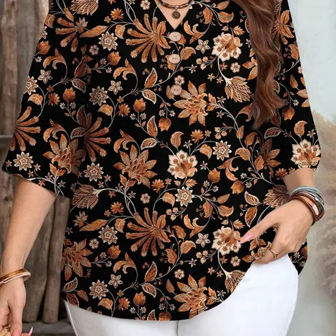 Women's Casual Loose Button-Down Boho Bohemian Printed T-Shirt, Comfortable Summer Fashion Top for Everyday Wear, Boho Floral Shirt