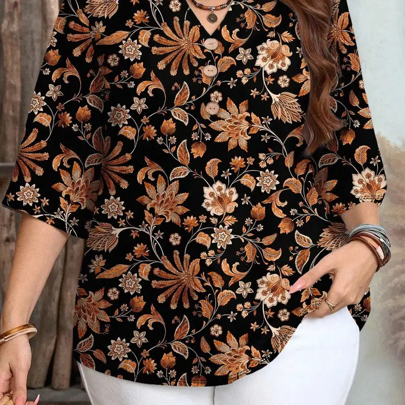 Women's Casual Loose Button-Down Boho Bohemian Printed T-Shirt, Comfortable Summer Fashion Top for Everyday Wear, Boho Floral Shirt