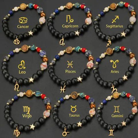 Artificial Crystal Beaded Bracelet - Unisex Solar System & Zodiac Signs Charms, Casual Wear Jewelry, Guardian Star Bangle for Adults, Personalized Birthday Gift, Decorative Touch, Choking Hazard Small Parts