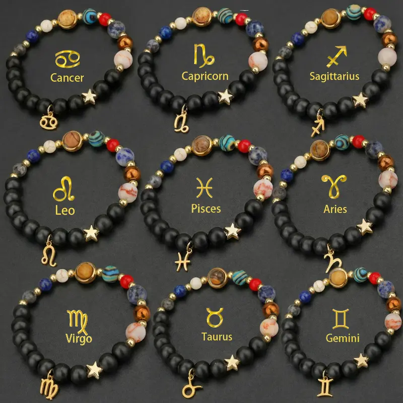 Artificial Crystal Beaded Bracelet - Unisex Solar System & Zodiac Signs Charms, Casual Wear Jewelry, Guardian Star Bangle for Adults, Personalized Birthday Gift, Decorative Touch, Choking Hazard Small Parts