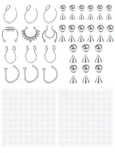 1 Set of 50Pcs Nose Rings Set Fake Nose Ring Hoop Fake Septum Fake Eyebrow Ring Fake Lip Labret Studs Replacement Balls Spike with Sticker, Non Piercing Body Jewelry - Fashion Accessories For Women Men, Multi Element and Function Exquisite Gift