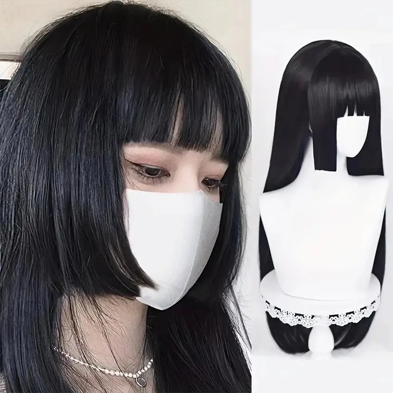 New Natural Long Straight Synthetic Black Wig With Bangs Lolita Cosplay Hair Wigs For Women Heat Resistant Fiber Daily Party Wig Fem