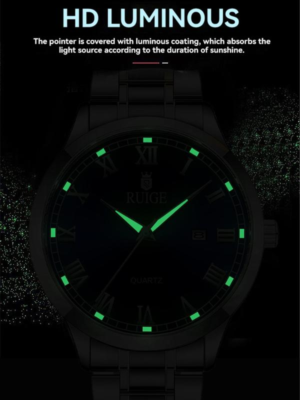 Men's Business Fashion Round Dial Analog Quartz Watch, Stainless Steel Luminous Waterproof Quartz Watch, Classic Fashion Watch with Calendar, Trendy All-match & Exquisite Watch for Birthday Gift with Box, Stainless Steel Watches