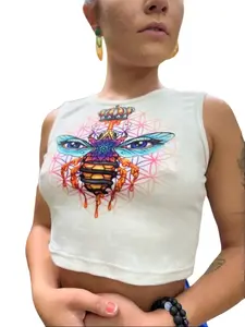 Bee Queen Crop Top Artwork by Calypso Produced By Entheos Vibrations Women's Sleeveless Top with Vibrant Bee Design