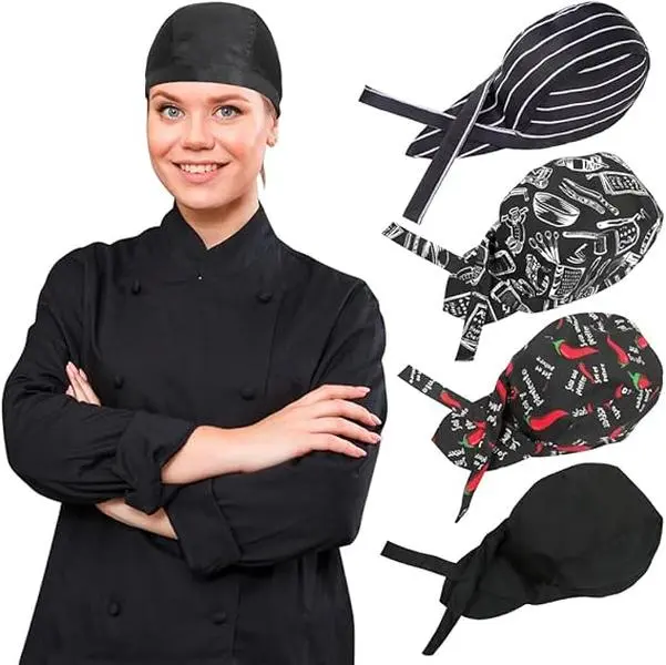 Adjustable Tie-Back Chef Cap Set of 4 - Unisex Breathable Kitchen Hat for Chefs, Bakers & Food Service, One-Size-Fits-Most with Back Ribbon Closure, Lightweight Comfortable Daily-Use Head Cover