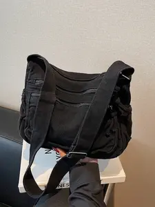 Vintage Washed Denim Shoulder Bag, Multi-Pocket Large Capacity Crossbody Bag, Adjustable Strap, Stylish and Durable, Versatile Shoulder Bags